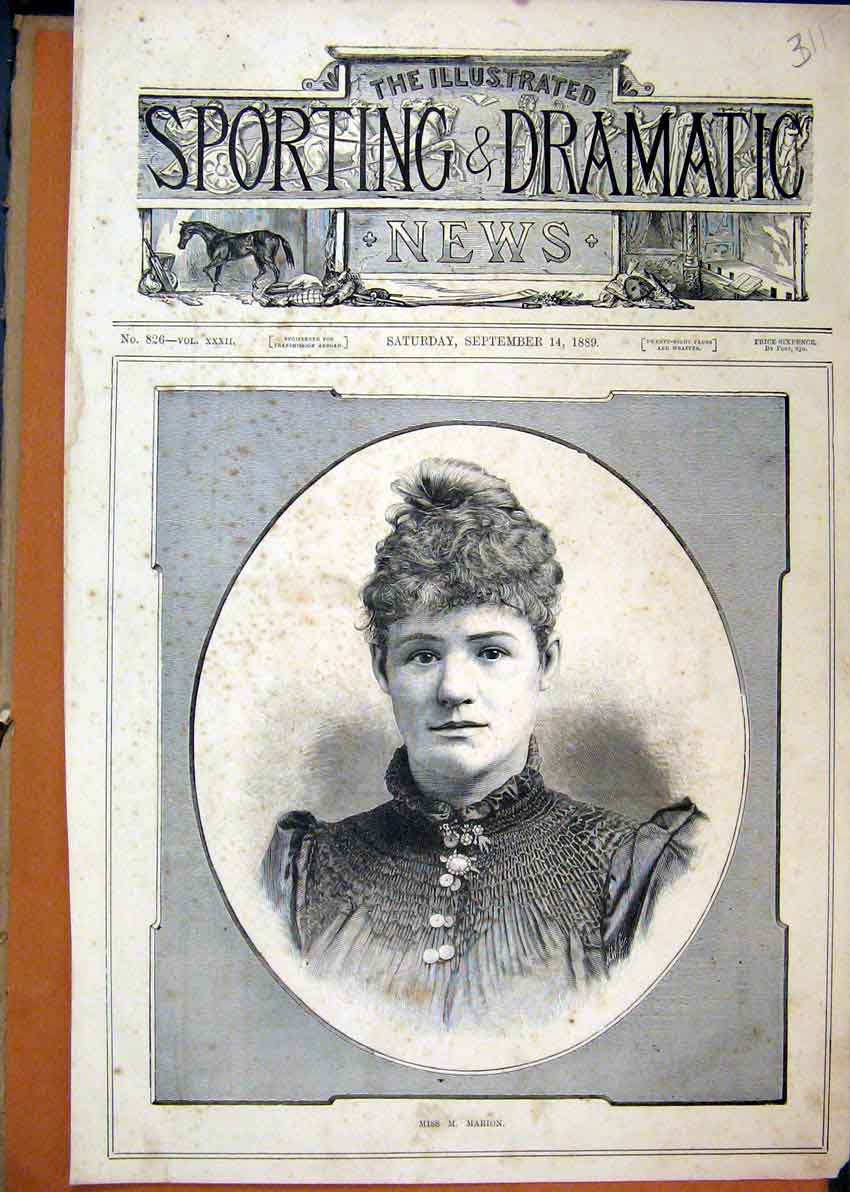 Original Old Antique Print 1889 Portrait Miss Marion Beautiful 19th