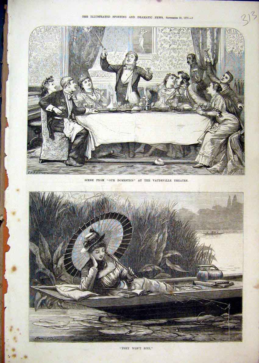 Old Antique Print 1879 Scene Our Domestics Vaudeville Theatre Woman Boat 19th