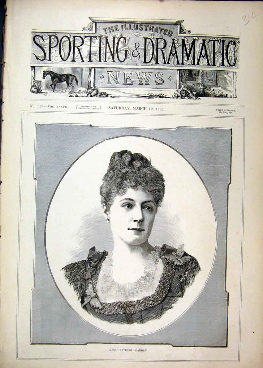 Original Old Antique Print 1892 Portrait Miss Gertrude Warden 19th