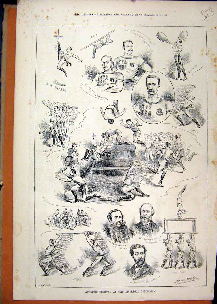 Old Antique Print Athletic Festival Liverpool Gymnasium 1883 Men Acrobat 19th