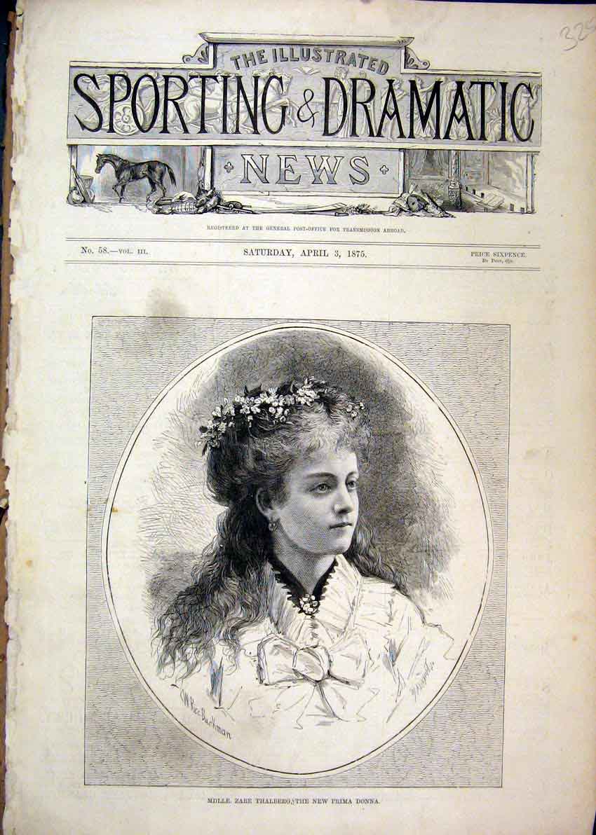 Original Old Antique Print 1875 Portrait Zare Thalberg Prima Donna Victorian