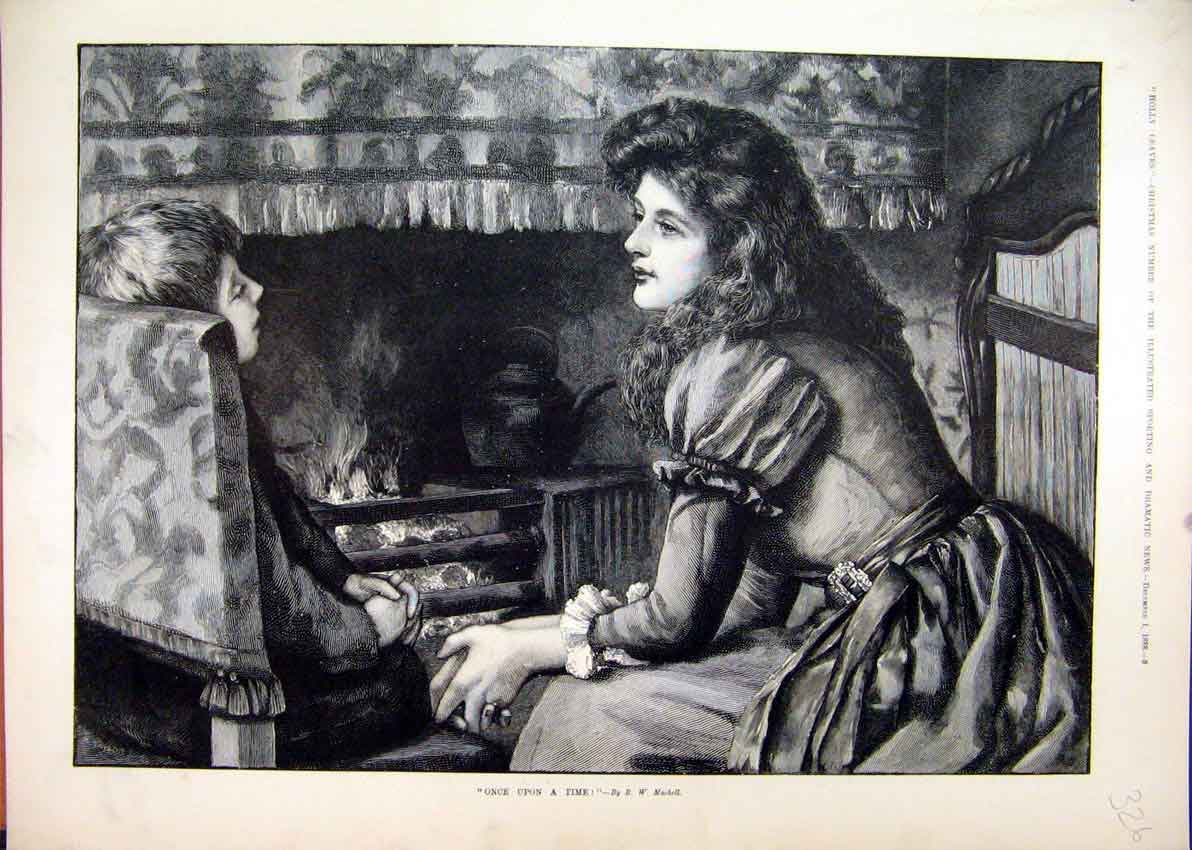 Old Antique Print 1888 Woman Little Boy Fireside Story Sleeping Fine Art 19th