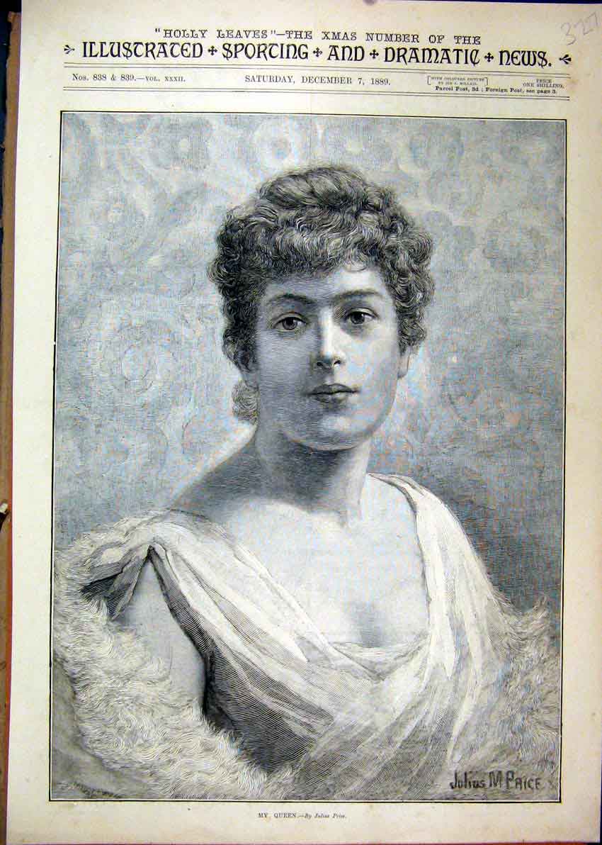 Old Antique Print 1889 Holly Leaves Portrait Beautiful Woman Julius Price 19th