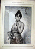 Original Old Antique Print 1893 Portrait Beautiful Woman Carrying Flowers 19th