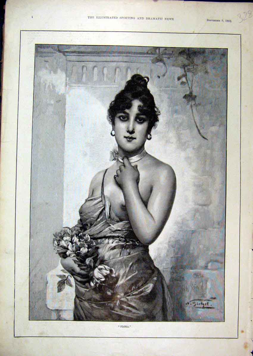 Original Old Antique Print 1893 Portrait Beautiful Woman Carrying Flowers 19th