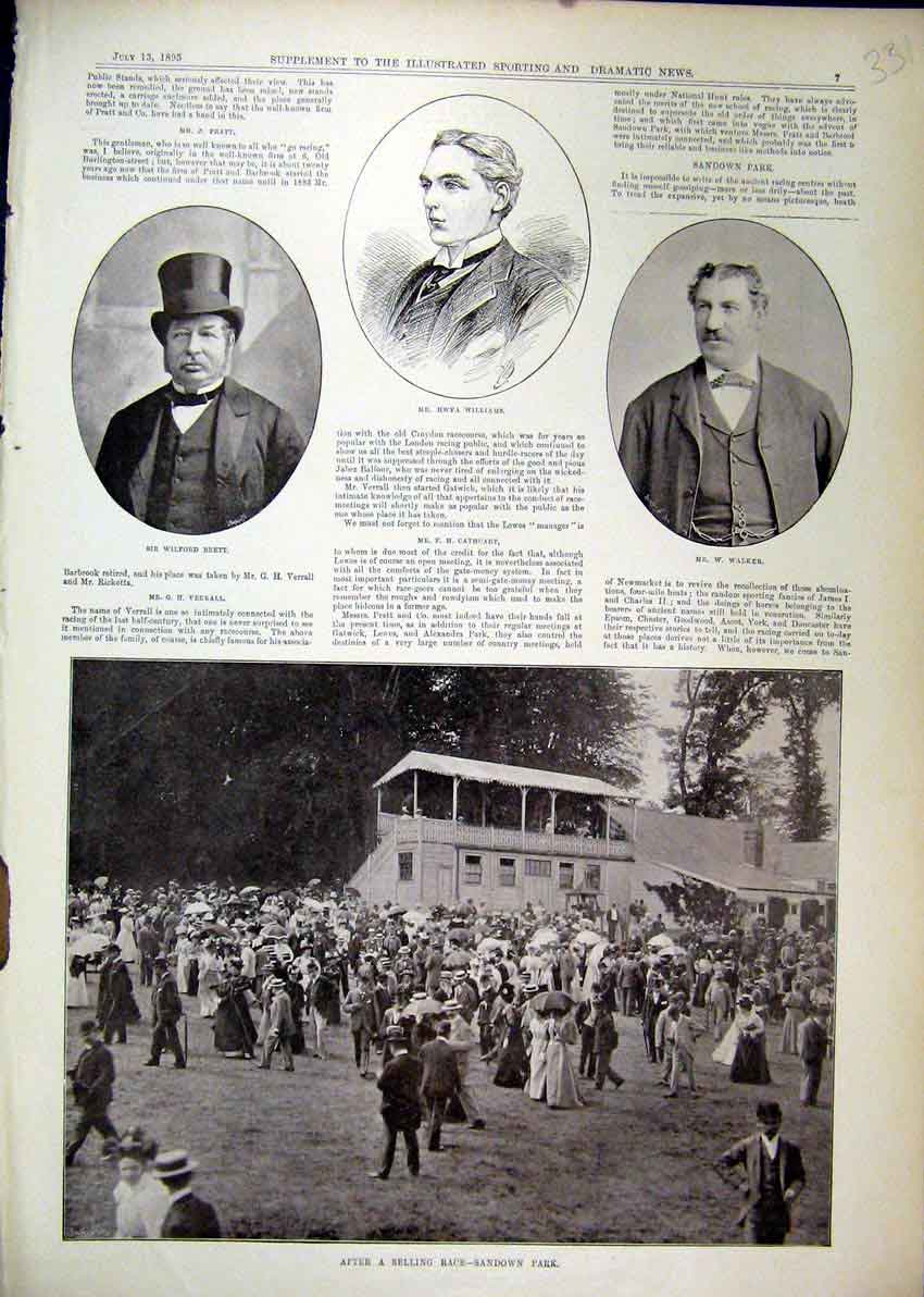 Original Old Antique Print 1895 Photograph Sandown Park Brett Williams Walker