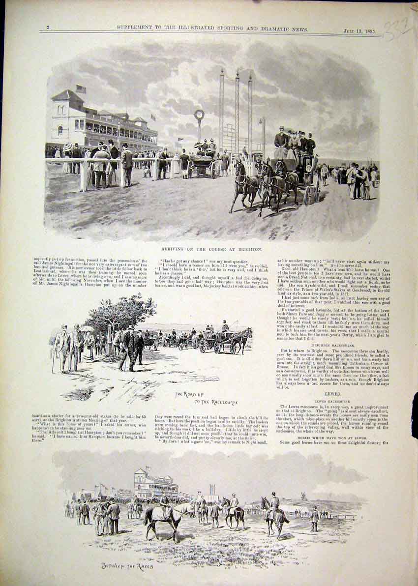 Original Old Antique Print 1895 Arriving Race Course Brighton Horses Grand Stand