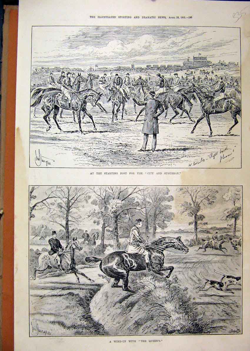 Original Old Antique Print 1891 Starting Post City Suburban Horse Racing Jumping