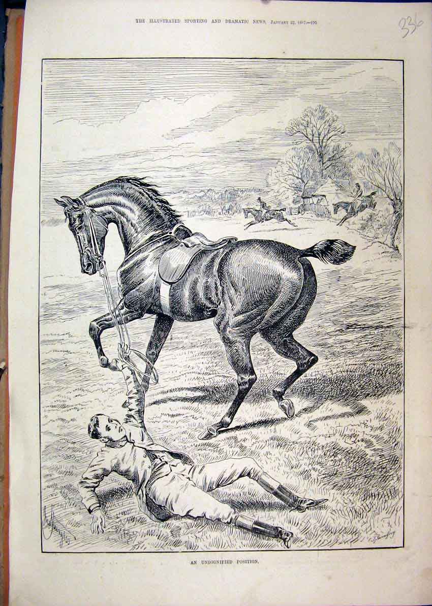 Original Old Antique Print 1887 Horse Man Falling Ground Jumping Country Scene