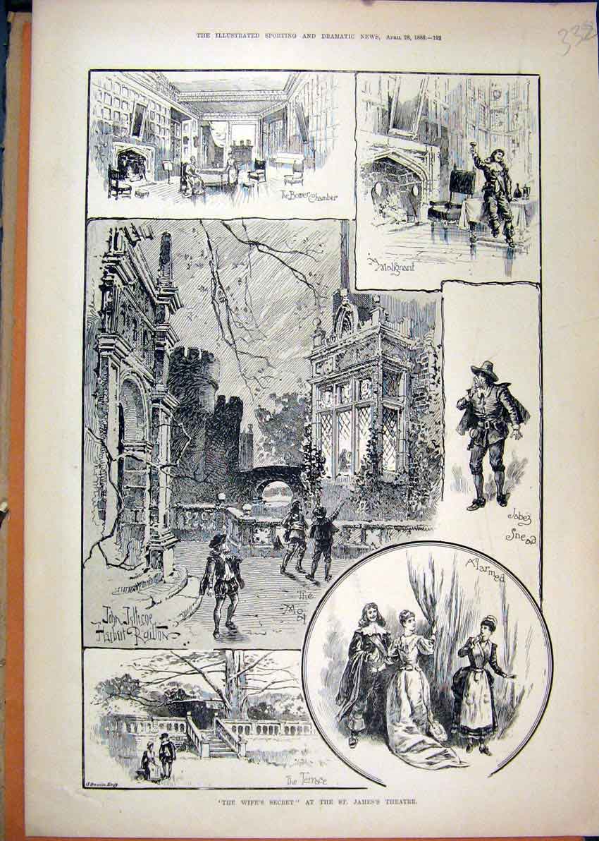 Original Old Antique Print 1888 Wifes Secret James Theatre Scenes 19th