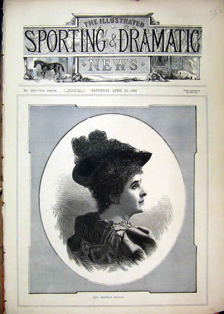 Original Old Antique Print 1892 Portrait Miss Beatrice Selwyn 19th