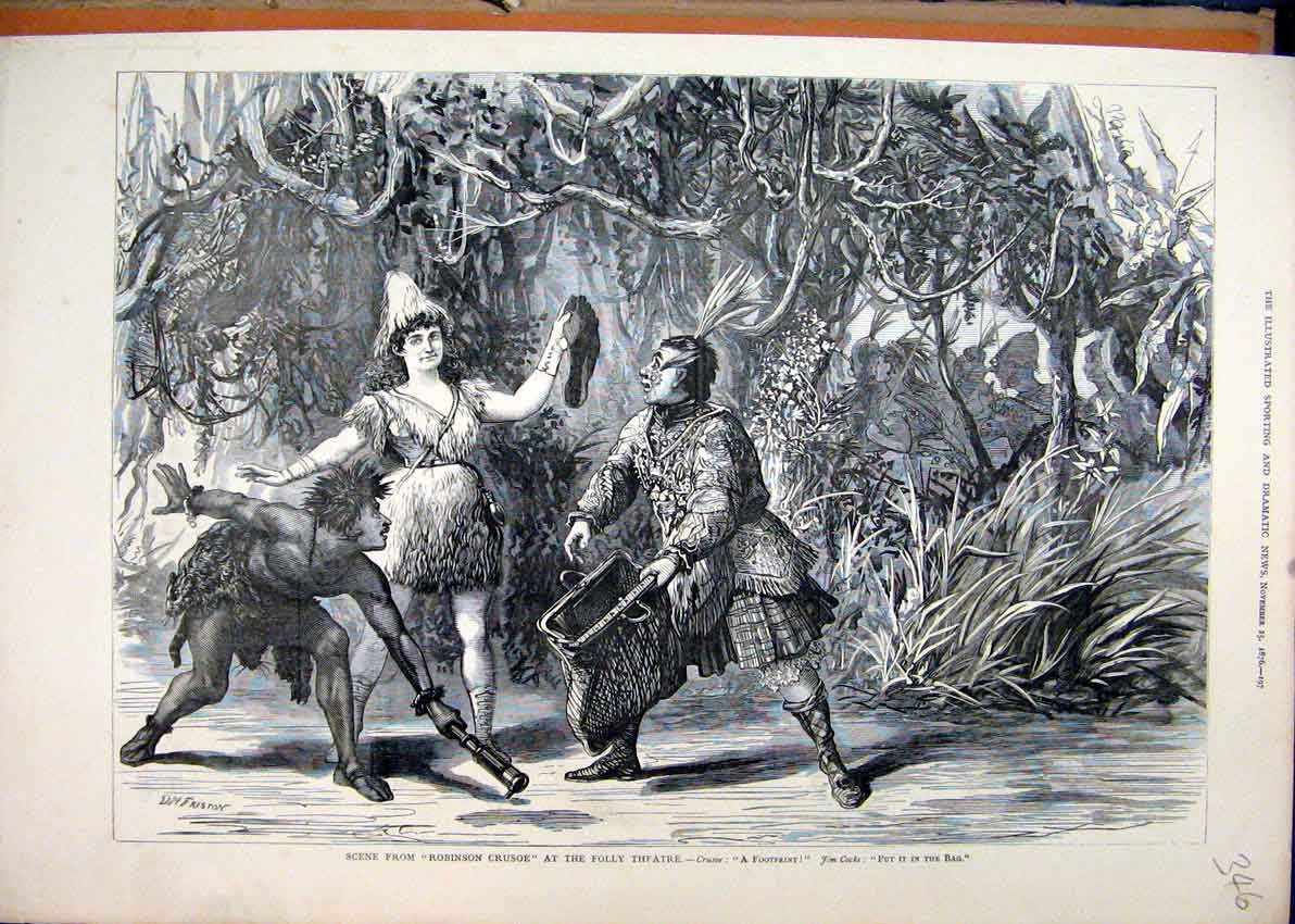 Original Old Antique Print 1876 Scene Robinson Crusoe Folly Theatre Victorian