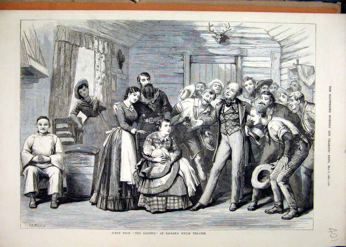 Original Old Antique Print 1880 Theatre Scene Danites Sadler Wells Family Baby