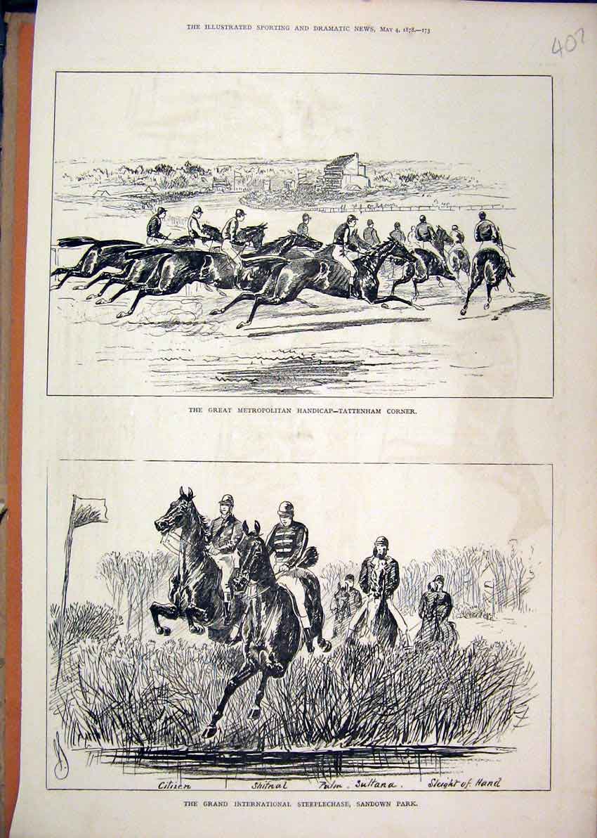 Original Old Antique Print 1878 Metrapolitan Handicap Steeplechase Sandown Horse
