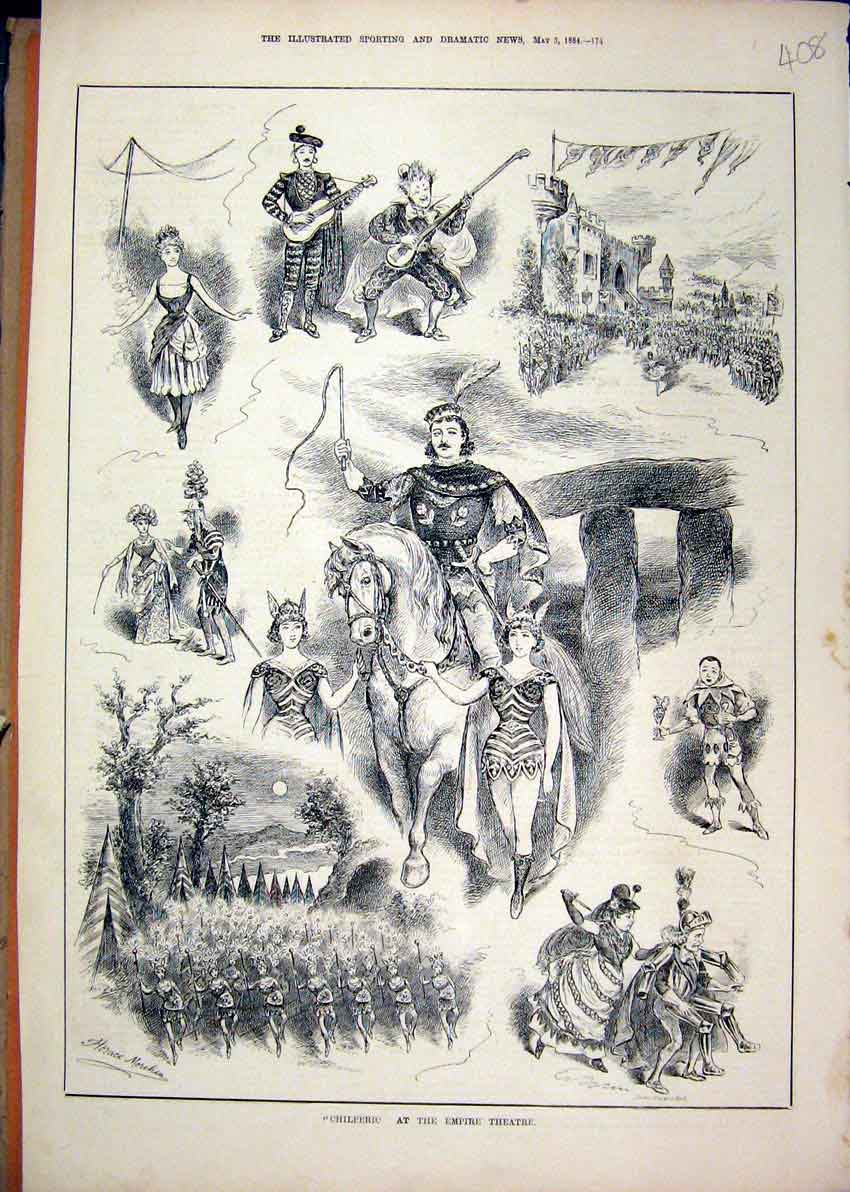 Original Old Antique Print Chilperic Empire Theatre 1884 Horse Music Dancing