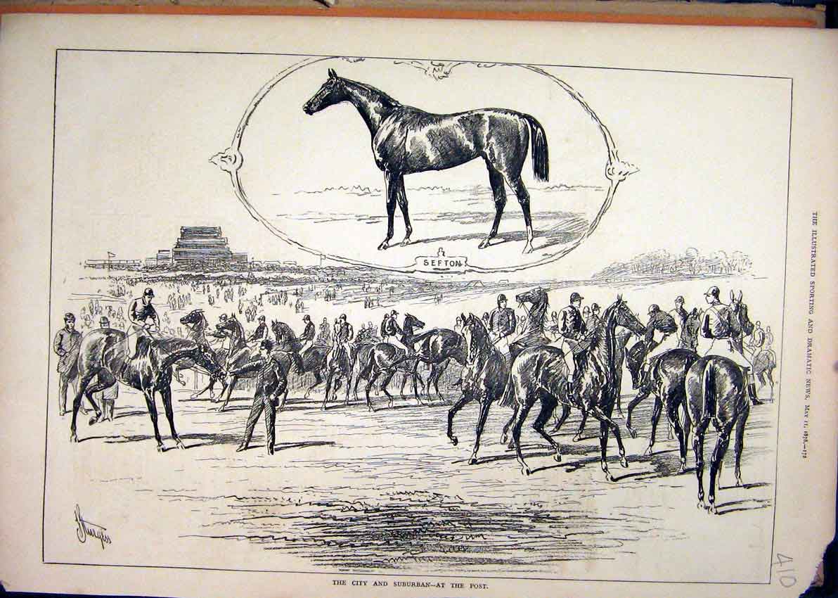 Original Old Antique Print 1878 Horse Race City Suburban Starting Post Sefton
