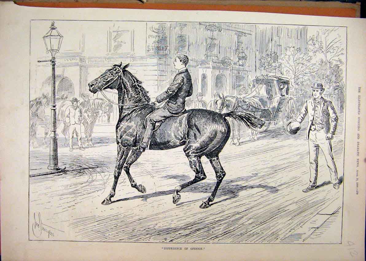 Original Old Antique Print 1890 Street Scene Horse Man Building Carriage 19th