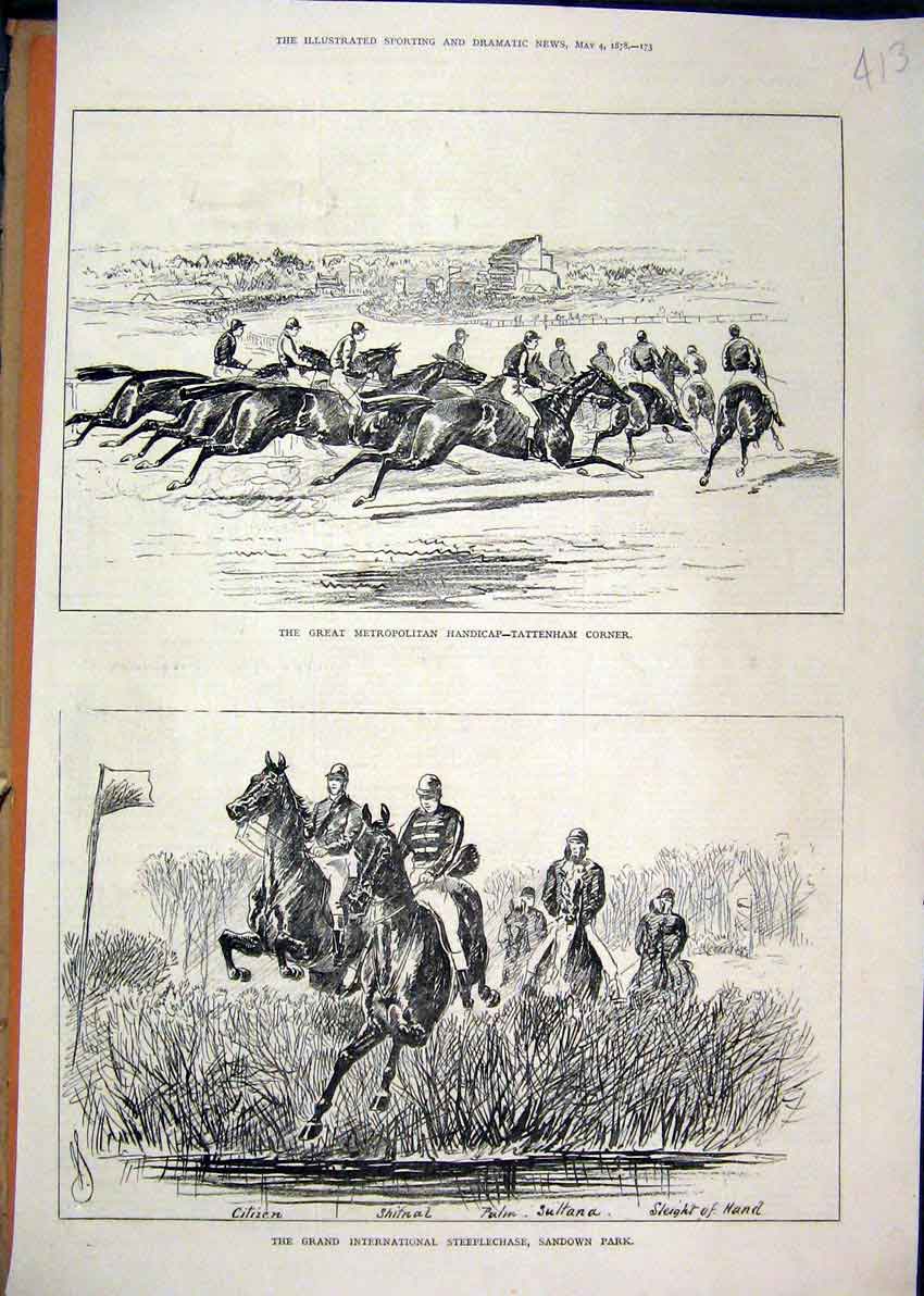 Original Old Antique Print Metropolitan Handicap 1878 Steeplechase Sandown Horse