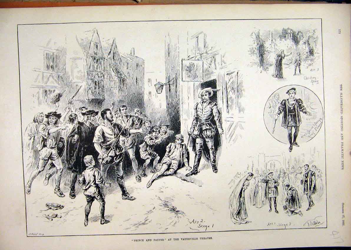Original Old Antique Print Prince Pauper Vaudeville Theatre 1891 Street Scene