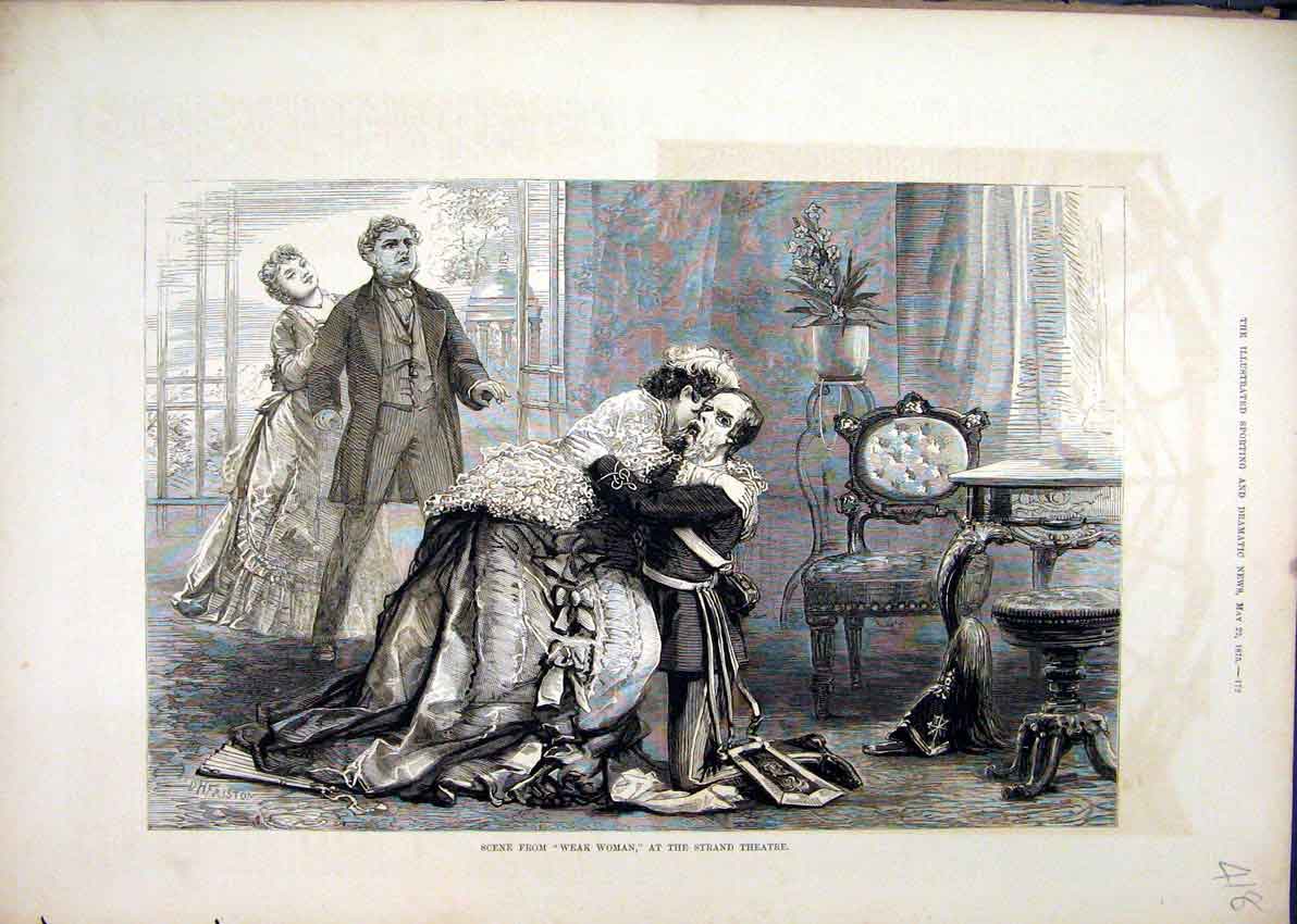 Original Old Antique Print 1875 Scene Weak Woman Strand Theatre Romance 19th