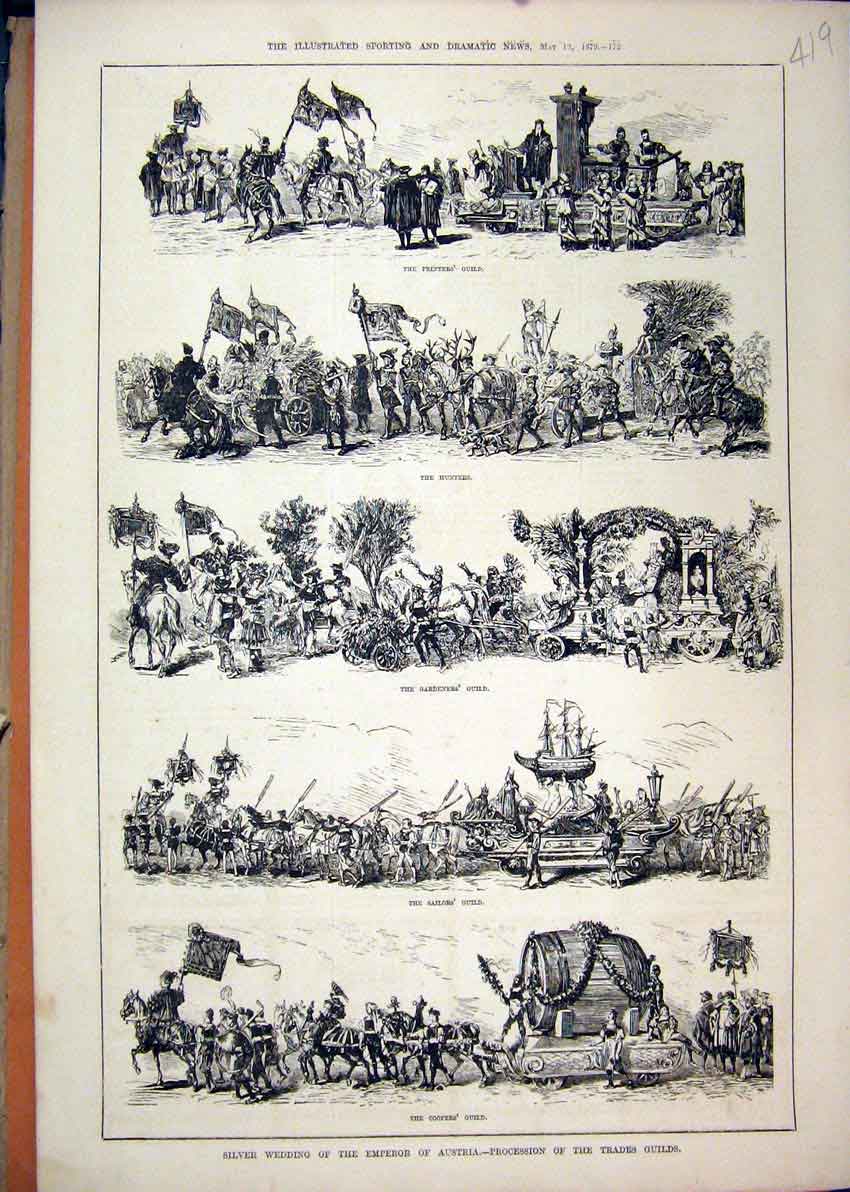 Original Old Antique Print 1879 Austria Trades Guilds Ers Hunters Gardener 19th