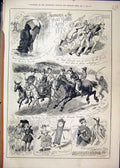Original Old Antique Print Comedy Sketches 1879 Horses Rain Umbrella Clock Queen