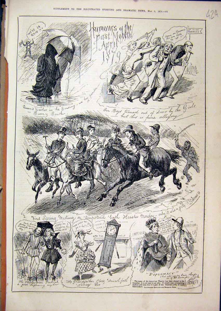 Original Old Antique Print Comedy Sketches 1879 Horses Rain Umbrella Clock Queen