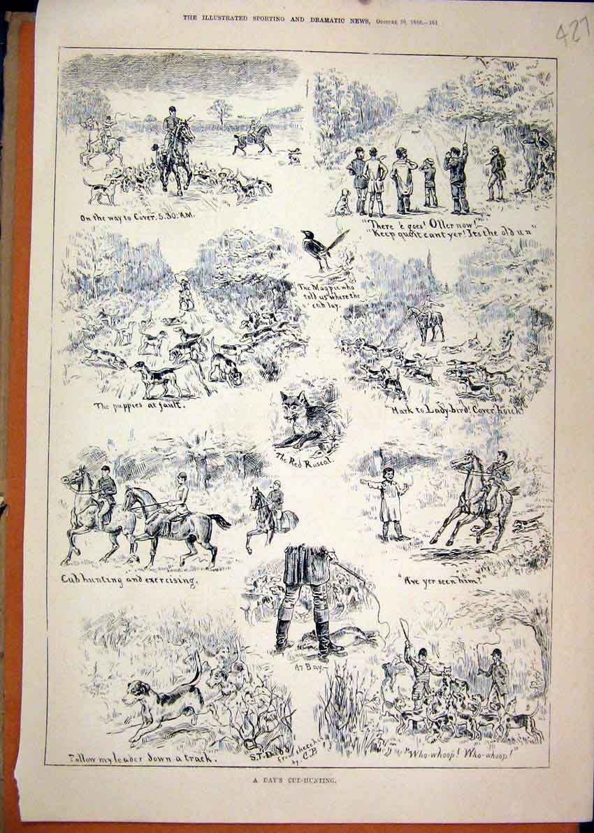 Original Old Antique Print 1880 Cub-Hunting Horse Hounds Fox Running Victorian