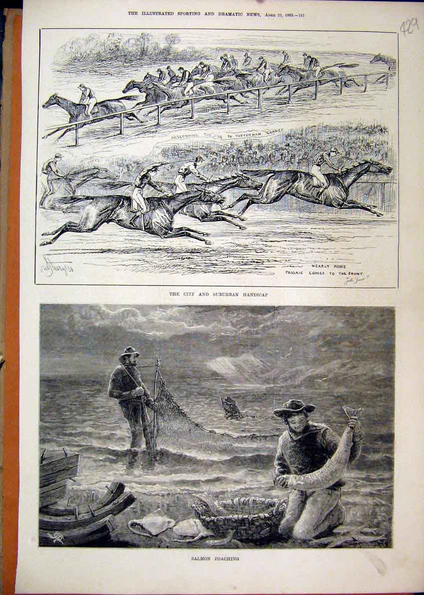 Original Old Antique Print 1882 Salmon Poaching City Suburban Handicap Horse