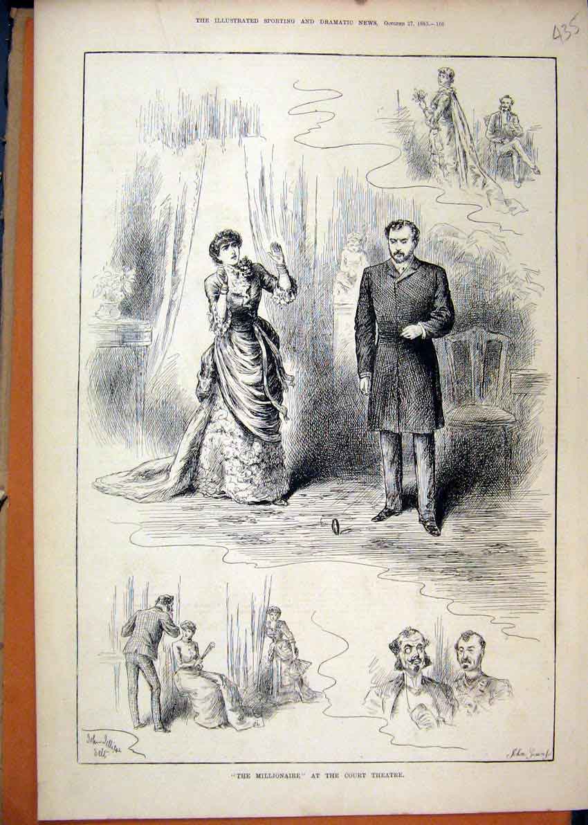 Original Old Antique Print 1883 Scenes Millionaire Court Theatre 19th