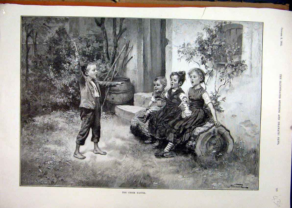 Old Antique Print 1895 Choir Master Young Boy Girls Singing Garden Scene 19th