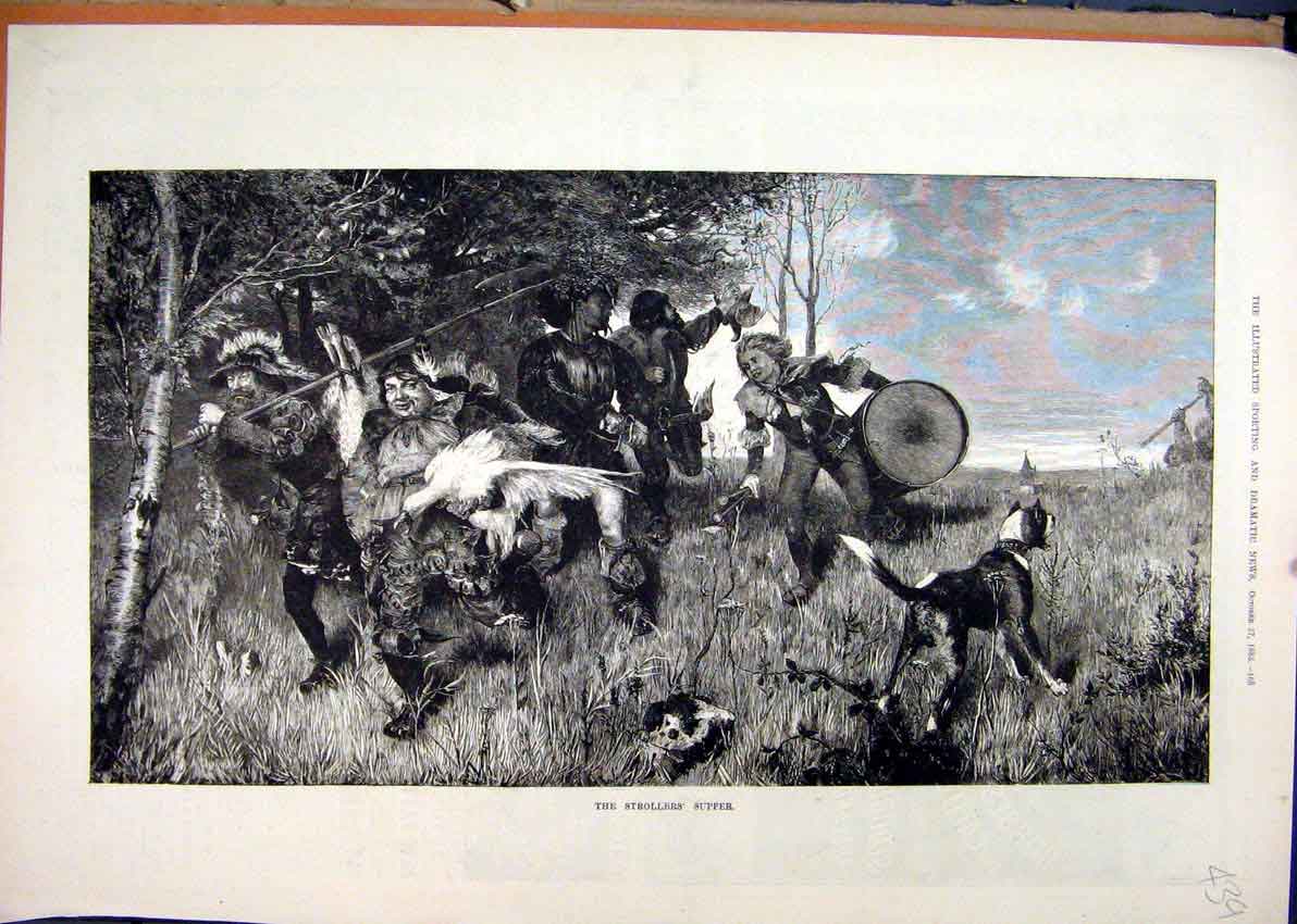 Old Antique Print 1883 Men Hunting Birds Dog Trees Country Scene Fine Art 19th