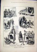 Original Old Antique Print 1879 Reminiscences Travelling Theatre Stalls Scenes