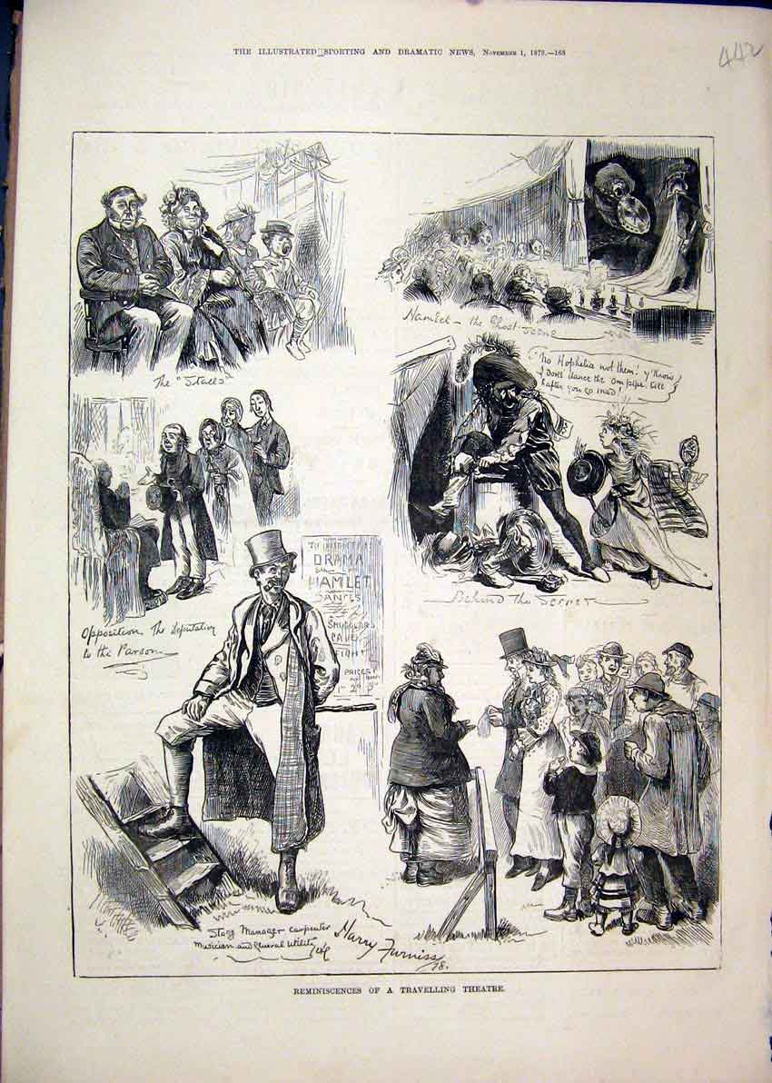 Original Old Antique Print 1879 Reminiscences Travelling Theatre Stalls Scenes