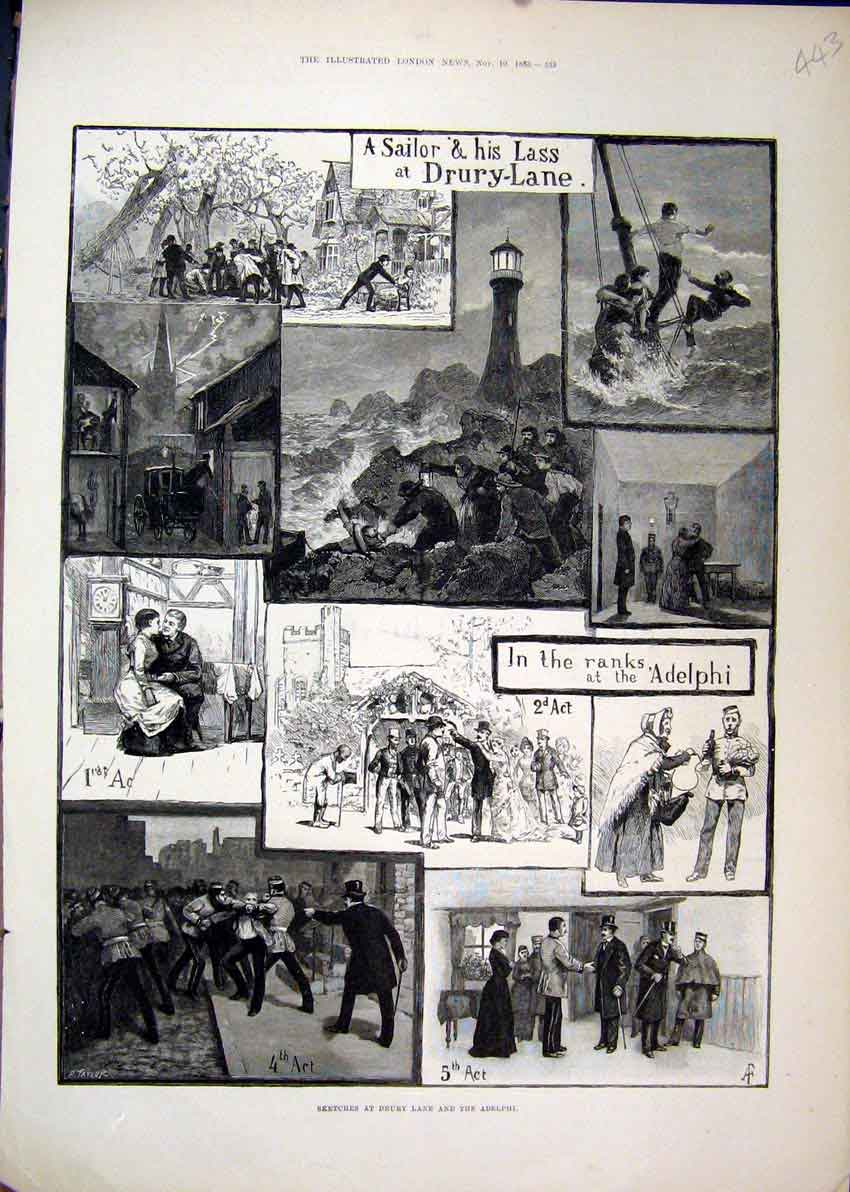 Original Old Antique Print 1883 Sketches Drury Lane Theatre Adelphi Sailor Lass
