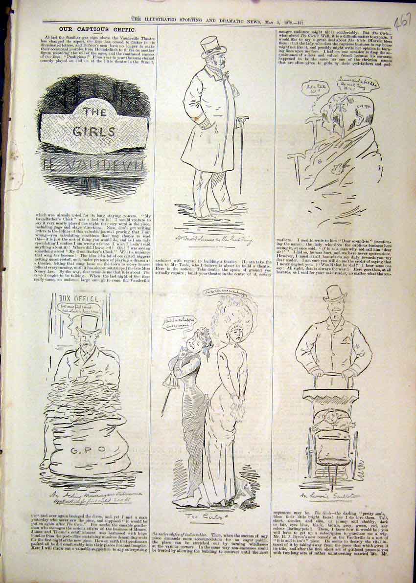Old Antique Print 1879 Comedy Sketches Theatre Girls Man Baby Box Office 19th