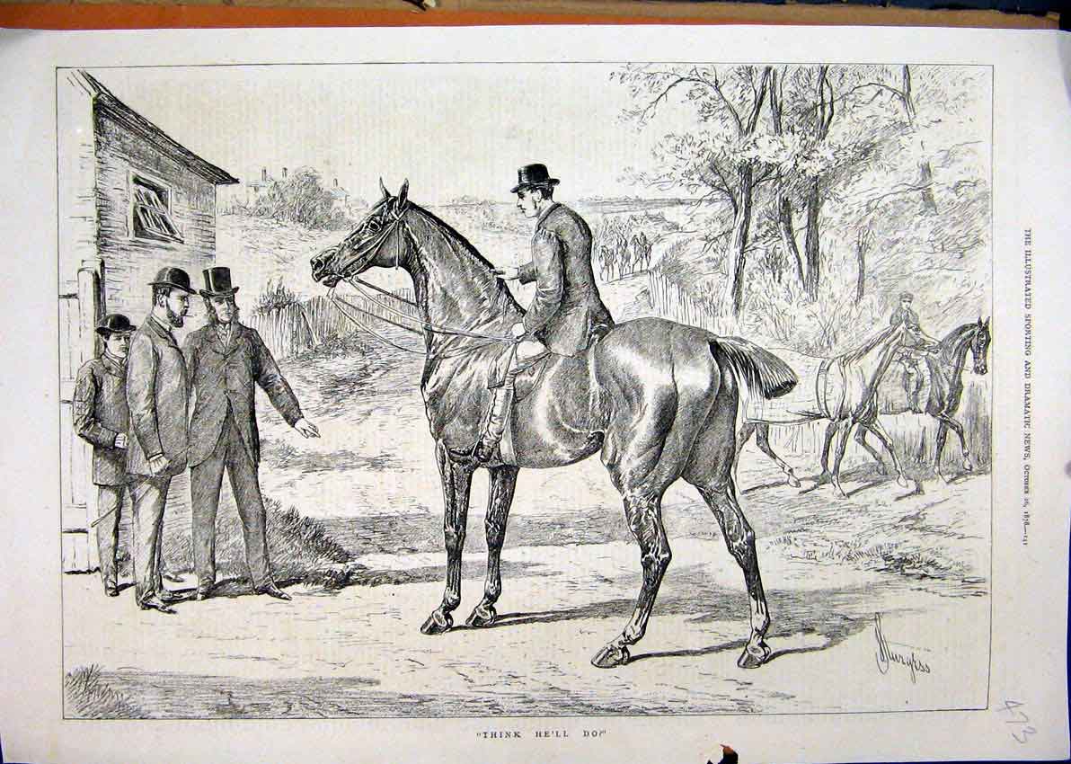 Original Old Antique Print 1878 Horse Rider Men Selling Country Scene Victorian