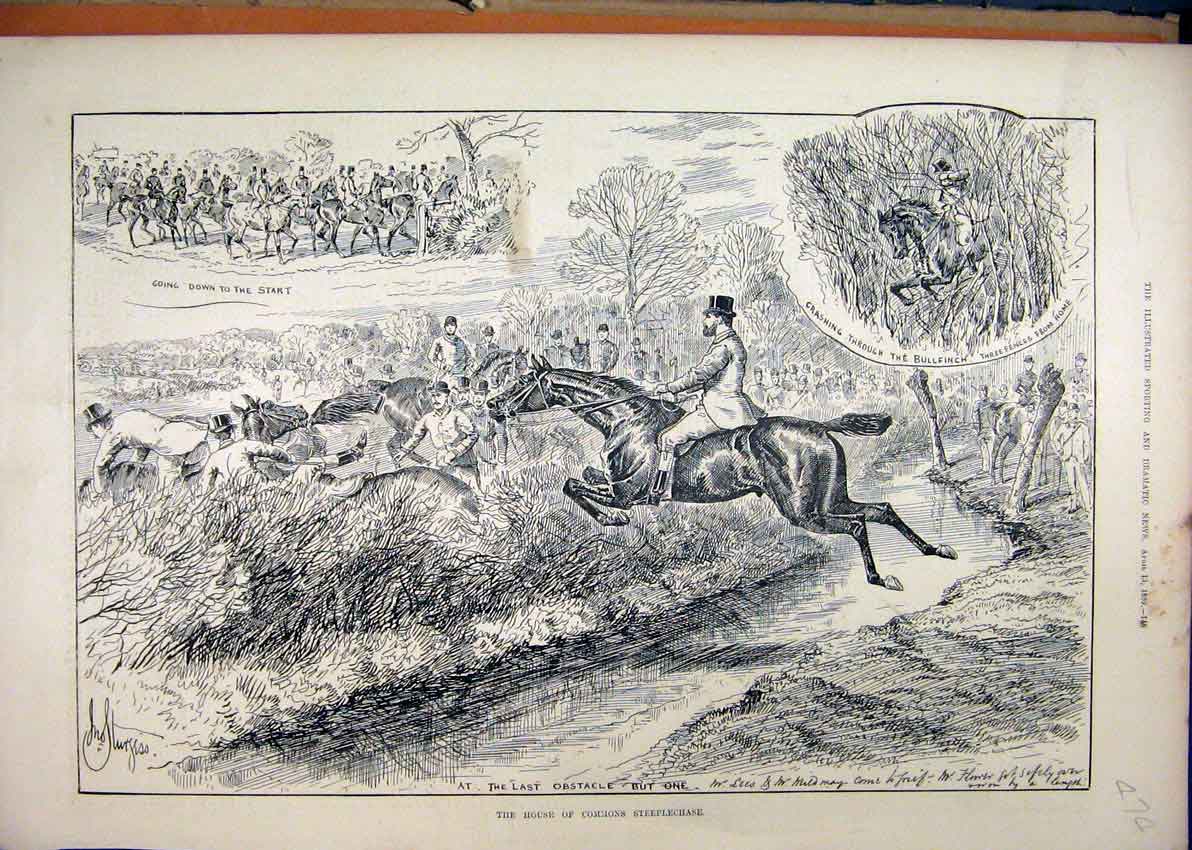 Original Old Antique Print House Commons Steeplechase 1889 Horse Jumping Water