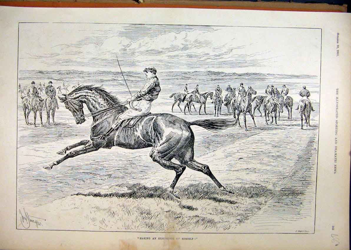 Original Old Antique Print 1891 Horse Jockey Running Start Race Country Scene