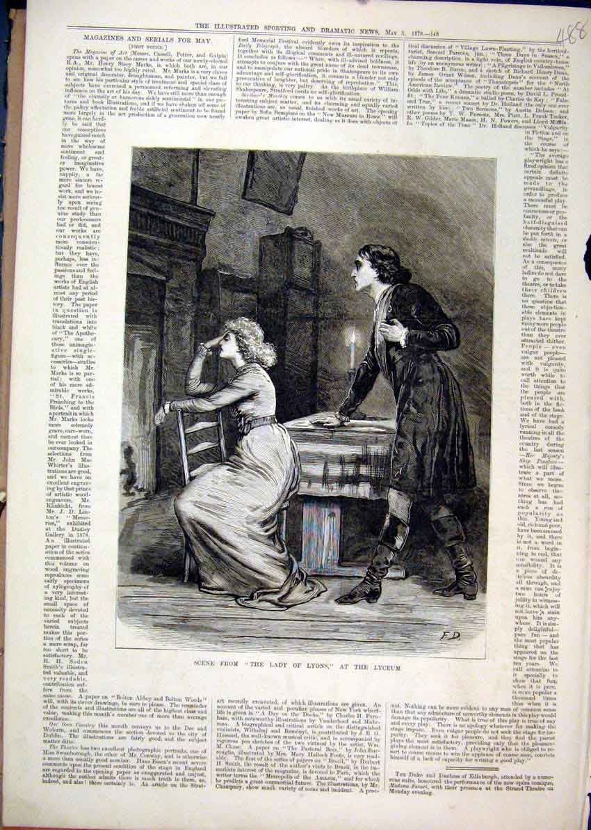 Original Old Antique Print 1879 Scene Lady Lyons Lyceum Theatre Romance 19th