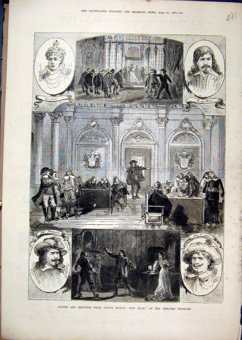 Old Antique Print 1879 Scenes Victor Hugo Ruy Blas Theatre Francais Queen 19th