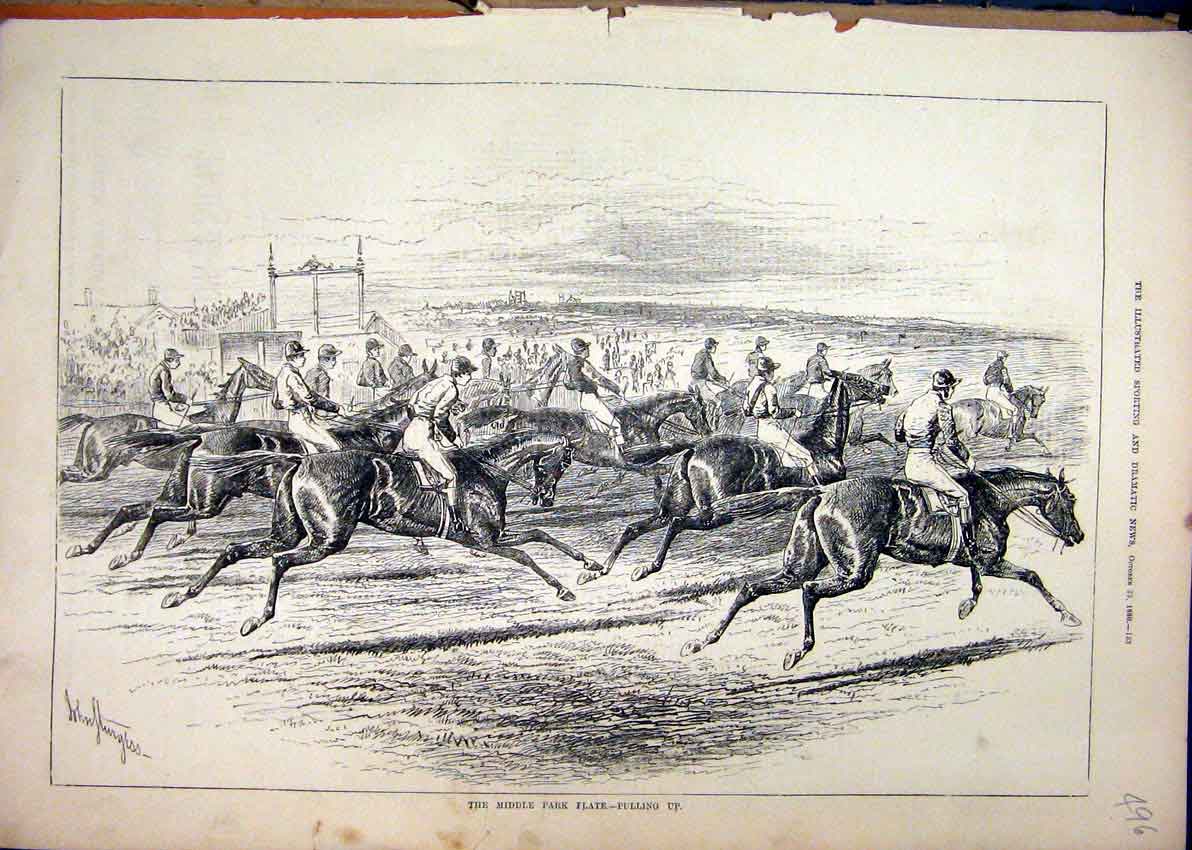 Original Old Antique Print 1880 Horse Race Middle Park Plate Prize Finish Line