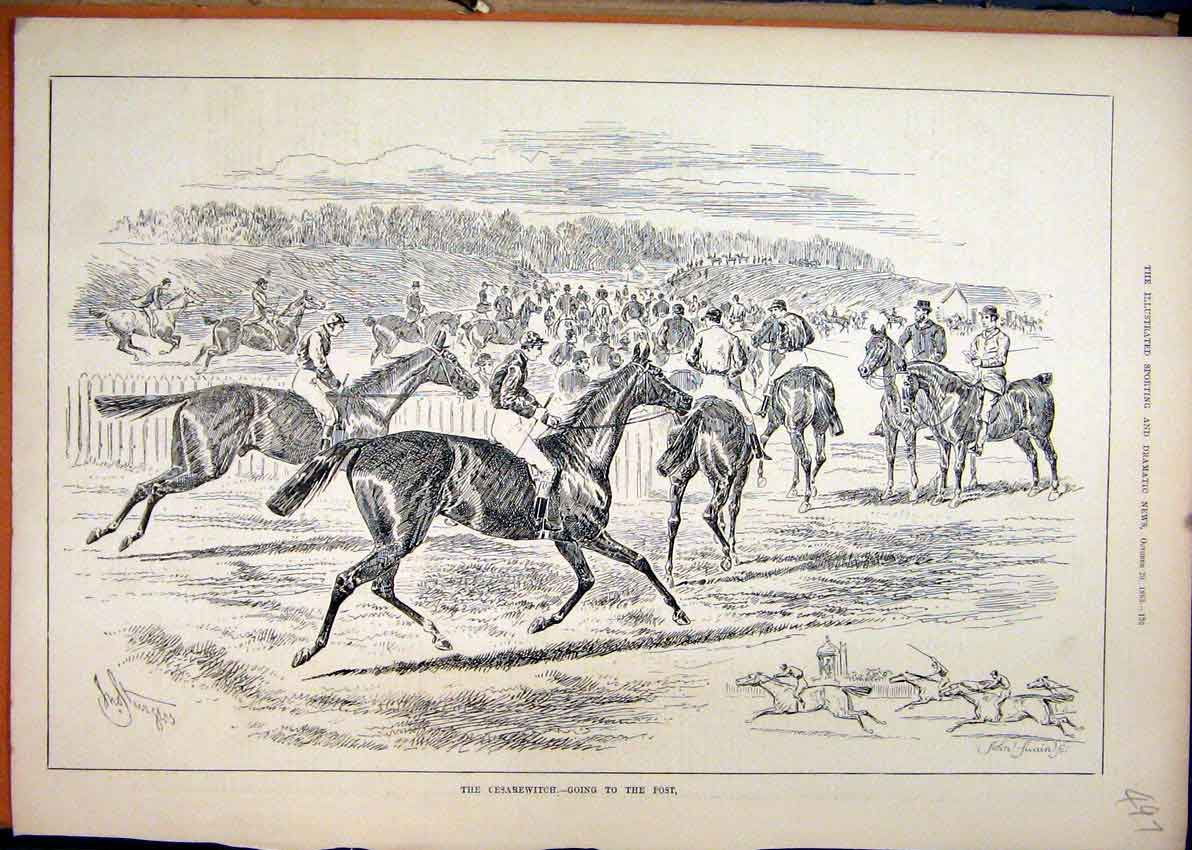 Original Old Antique Print 1883 Horse Race Cesarewitch Start Line Jockeys 19th