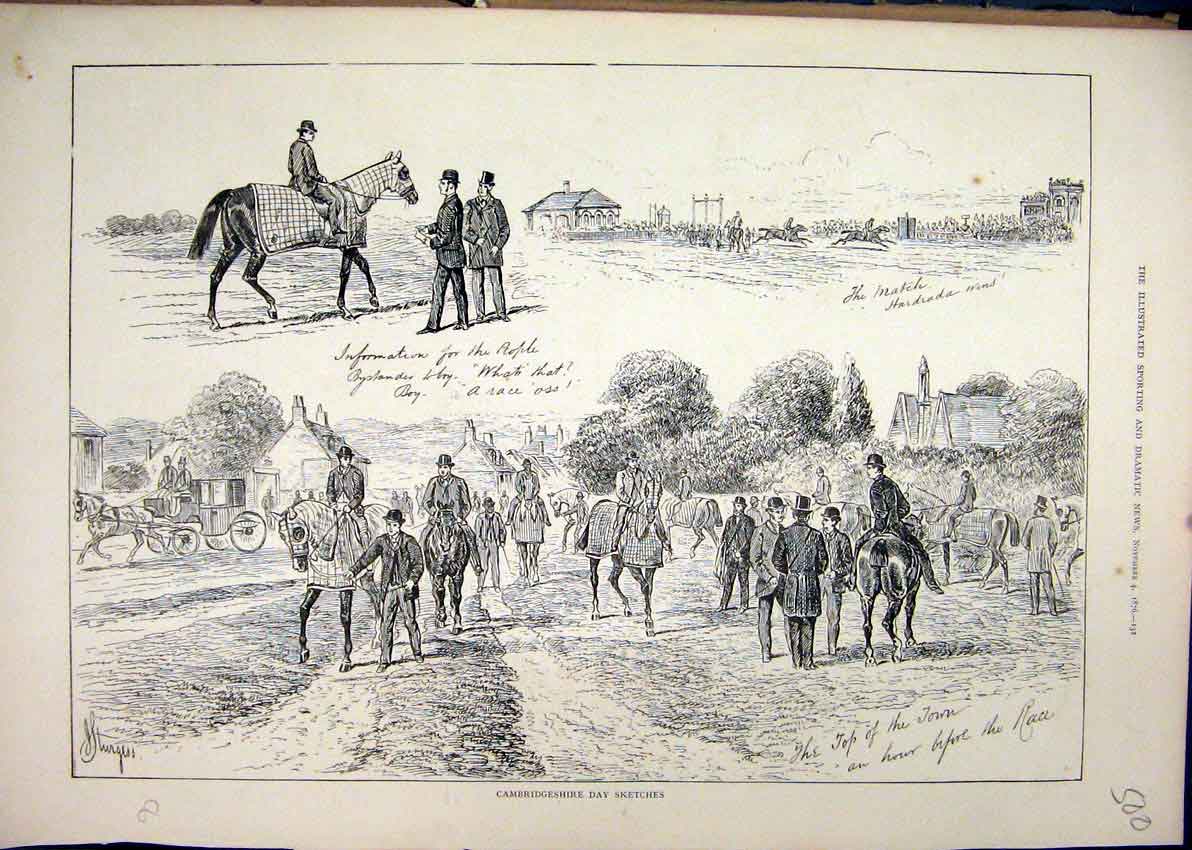 Original Old Antique Print 1876 Camridgeshire Sketches Horse Carriage Race 19th
