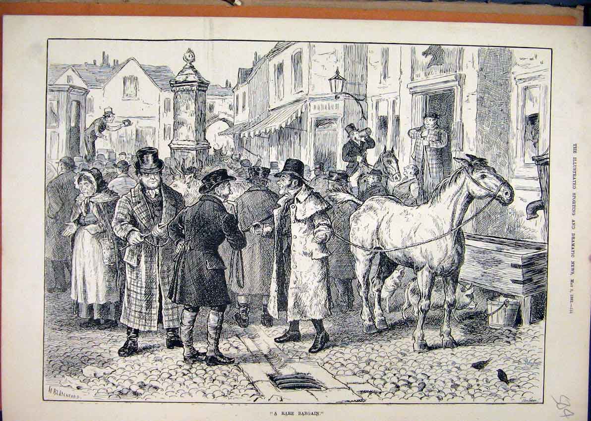 Original Old Antique Print Horse Sale 1882 Street Scene Village 19th