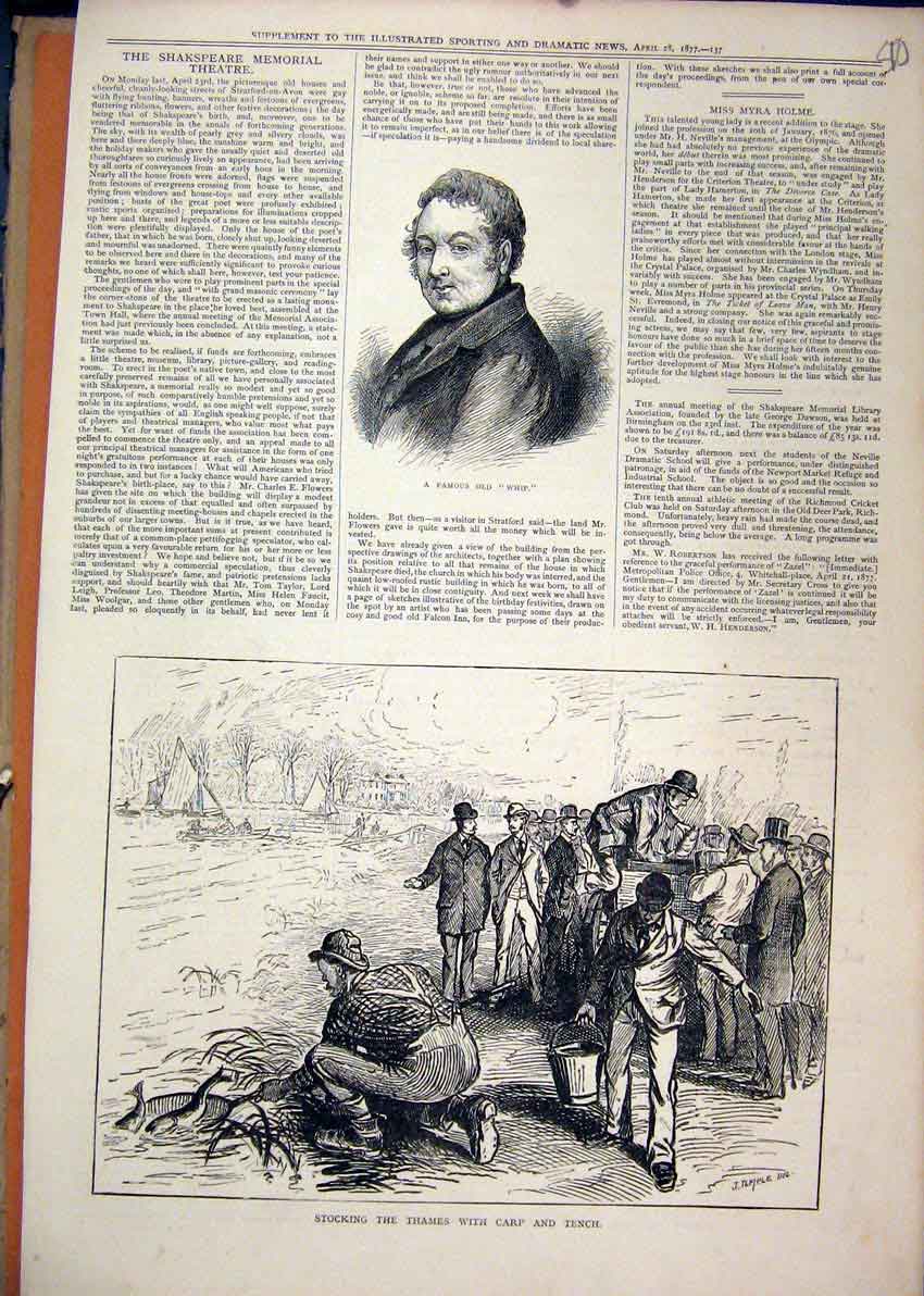 Original Old Antique Print 1877 Portrait Famous Whip Stocking River Thames Fish