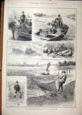 Old Antique Print 1892 Professional Fishing Trip Boat Net River Mud Fish 19th