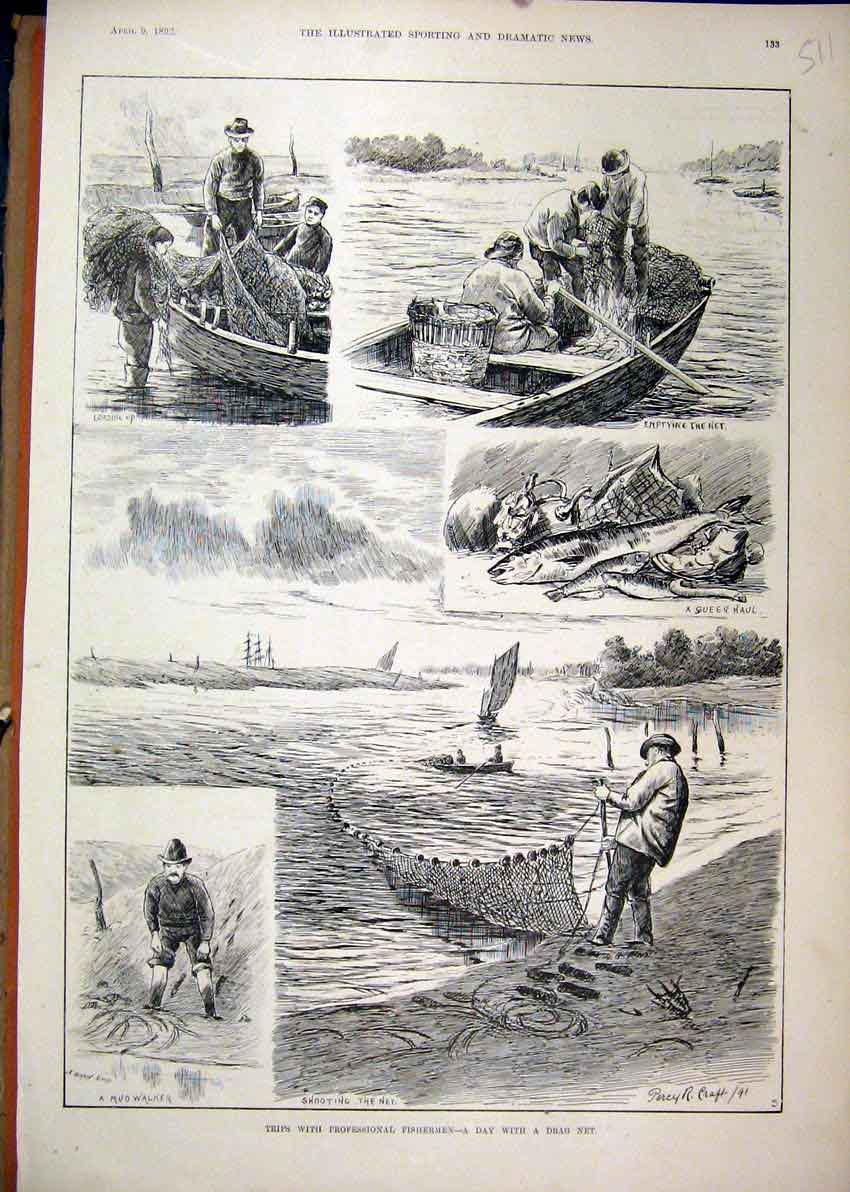 Old Antique Print 1892 Professional Fishing Trip Boat Net River Mud Fish 19th