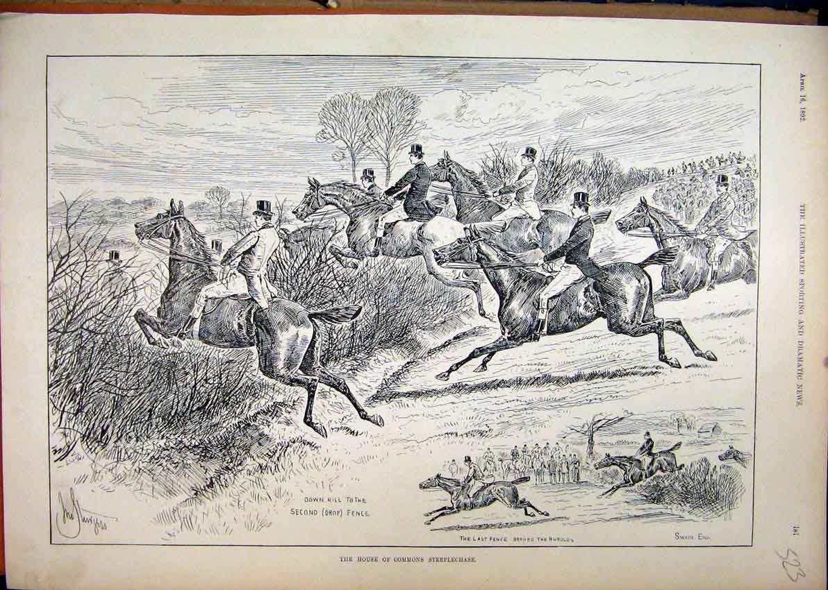 Original Old Antique Print 1892 House Commons Steeplechase Horse Jumping Fence