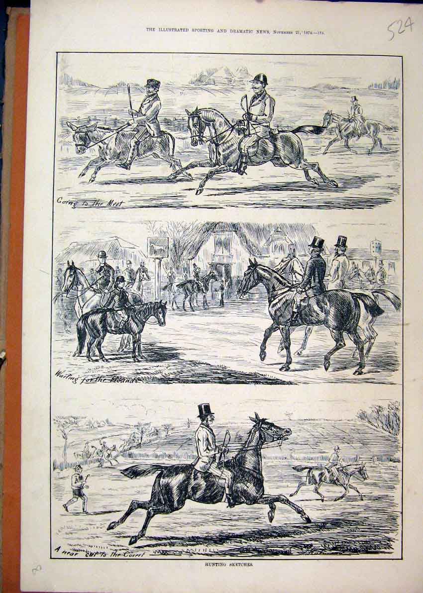 Original Old Antique Print Hunting Sketches 1874 Man Donkey Horse Country Scene